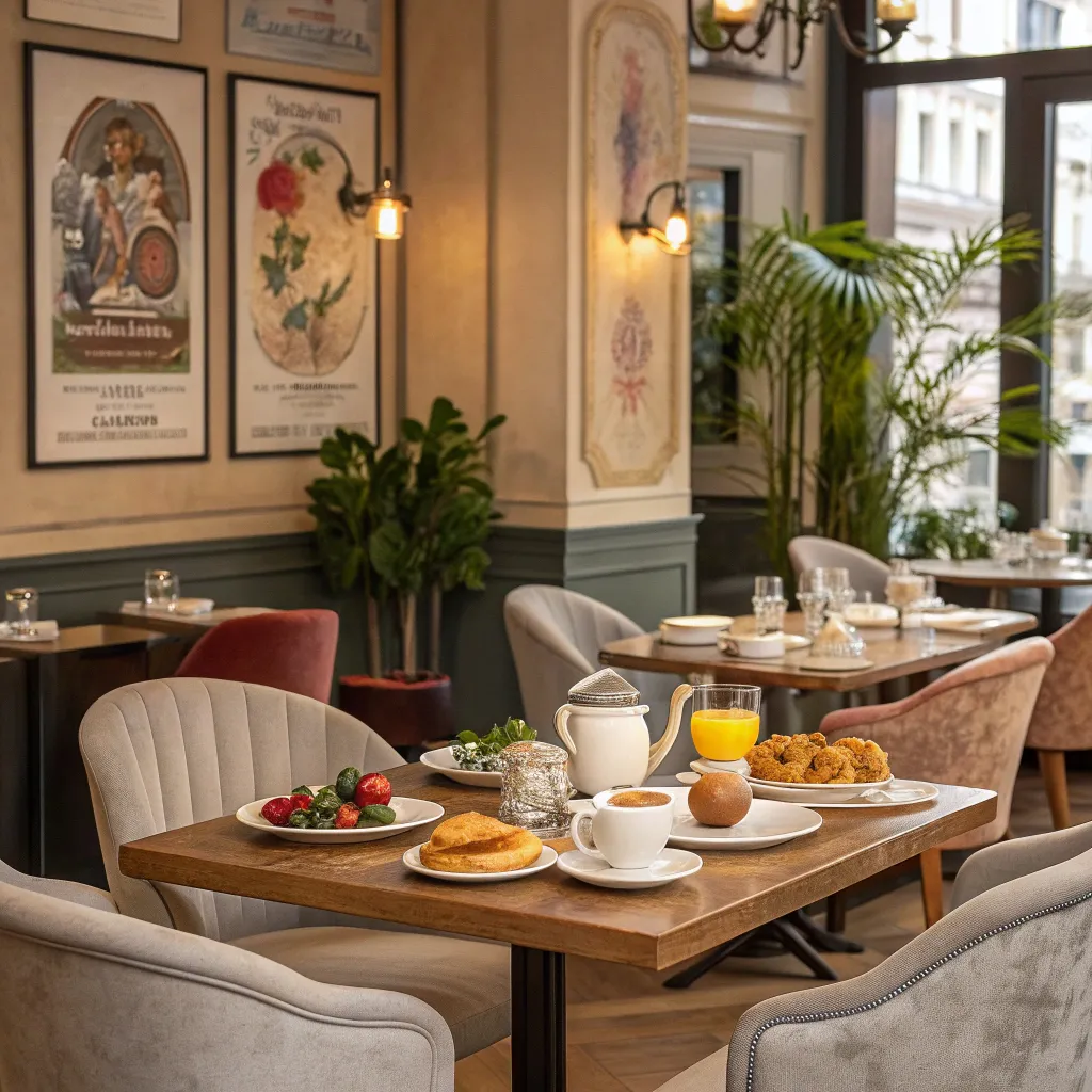 Elegant cafe with breakfast setting